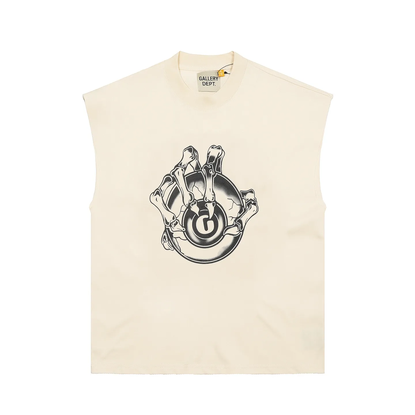 pt model number #G1017 P116 GALLERY DEPT. Distressed and frayed sleeveless waistcoat short sleeves. Skeleton holding a big G. Printed on the front and back. Made of 280G double yarn pure cotton. The fabric is comfortable and stylish. After washing and distressing, the upper body becomes more fashionable and cool. The collar and hem are frayed. The US version is too large. Color: washed black, apricot, size S/M/L/XL